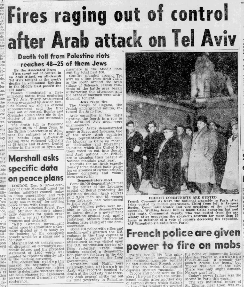 Fires raging out of control after Arab attack on Tel Aviv — Palo Alto Times, 5 December 1947