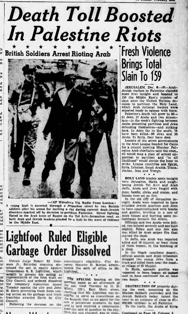 Death Toll Boosted In Palestine Riots — Park City Daily News, 7 December 1947