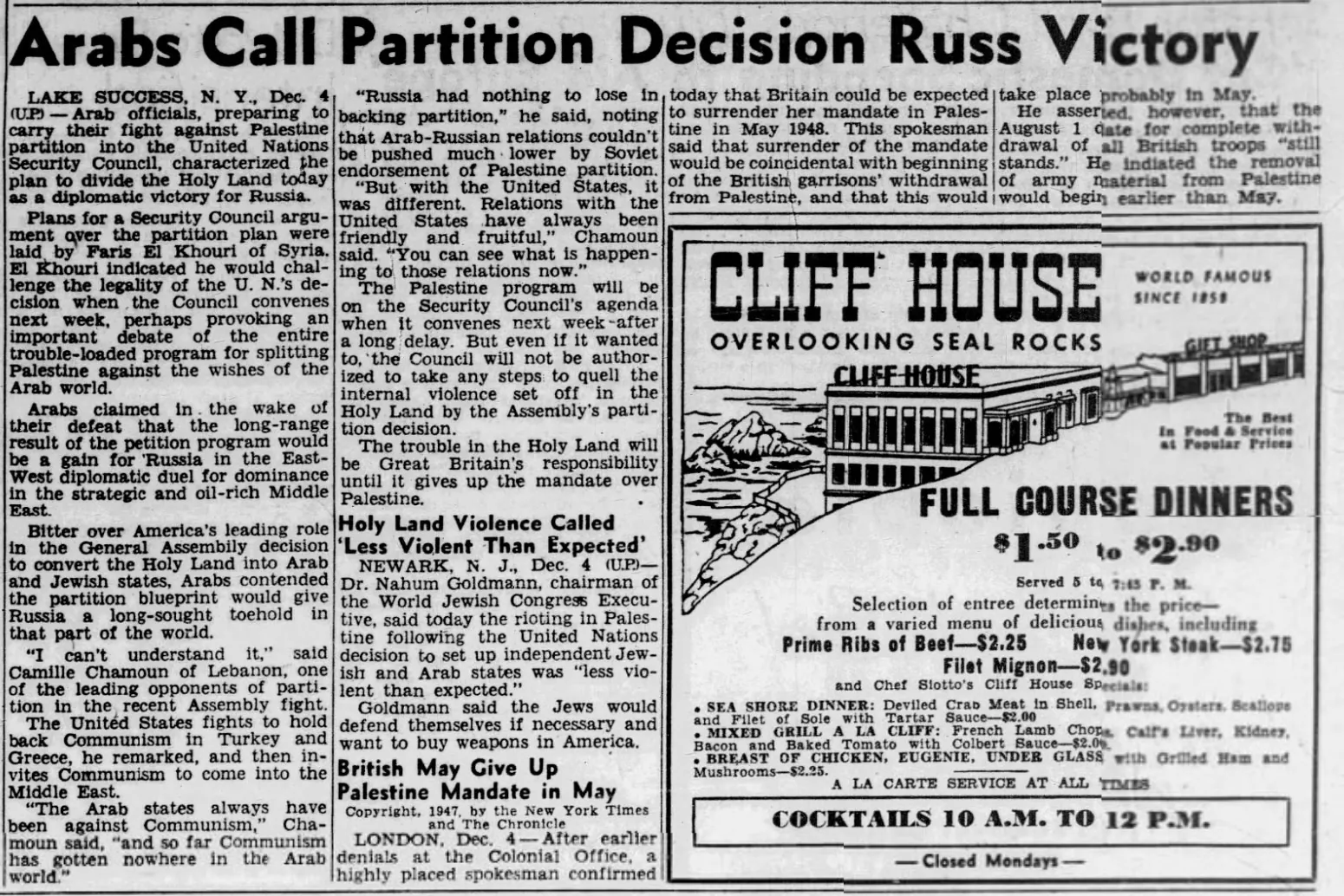 Arabs Call Partition Decision Russ Victory — San Francisco Chronicle, 5 December 1947