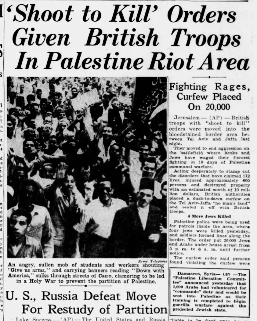 ‘Shoot to Kill’ Orders Given British Troops In Palestine Riot Area — Democrat and Chronicle, 10 December 1947