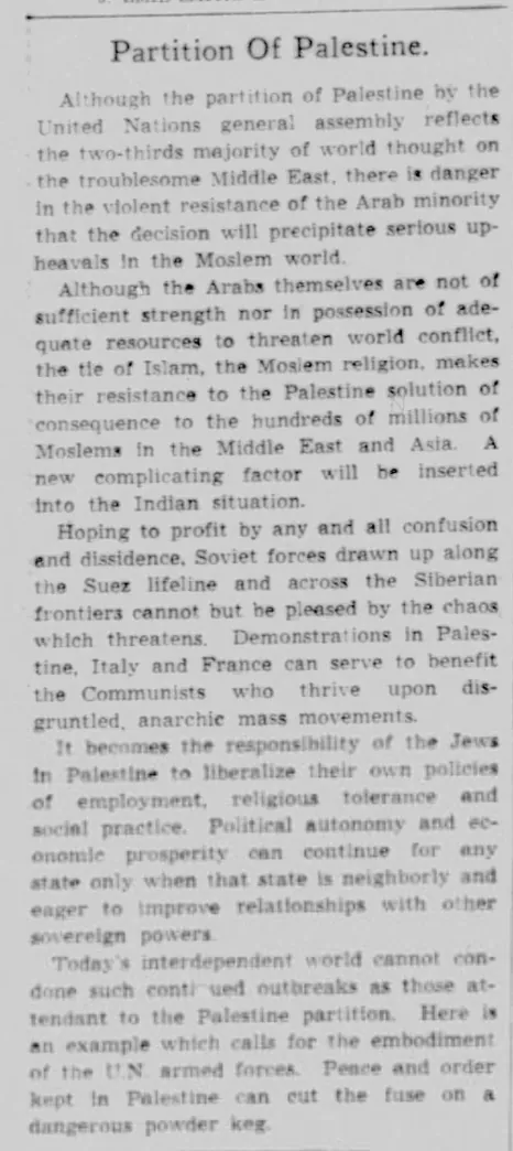 Partition Of Palestine — The State Journal-Register, 3 December 1947