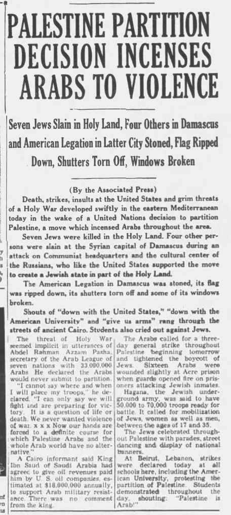 Palestine Partition Decision Incenses Arabs To Violence — Times Record, 1 December 1947
