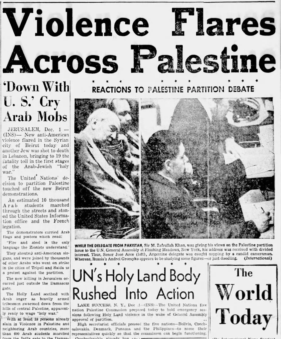 Violence Flares Across Palestine — Urbana Daily Citizen, 1 December 1947