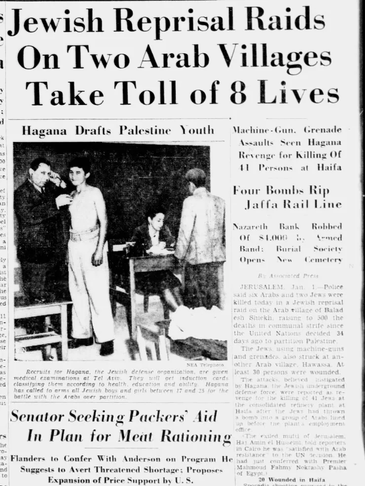 Jewish Reprisal Raids On Two Arab Villages Take Toll of 8 Lives — The News Journal, 1 January 1948