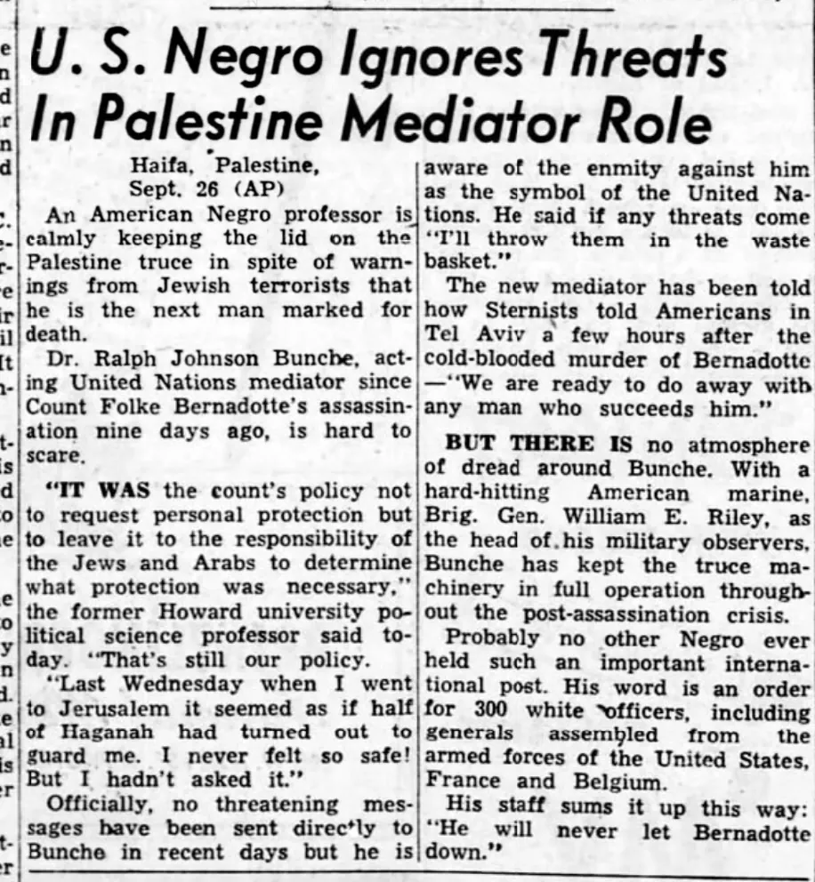 U. S. Negro Ignores Threats In Palestine Mediator Role — Herald and Review, 27 September 1948