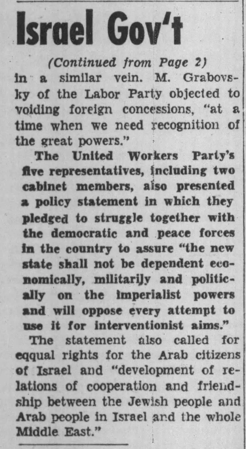 Israel Gov't &mdash; Daily Worker, 19 May 1948
