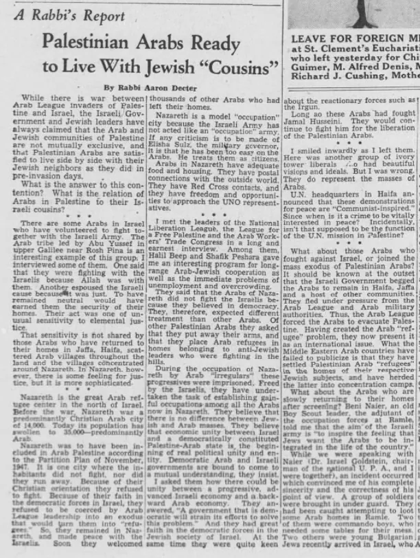 Palestinian Arabs Ready to Live With Jewish “Cousins” — Boston Evening Globe, 2 October 1948