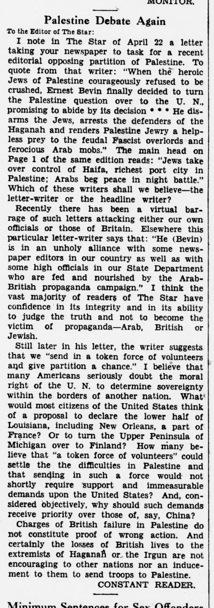 Palestine Debate Again &mdash; Evening Star, 29 April 1948