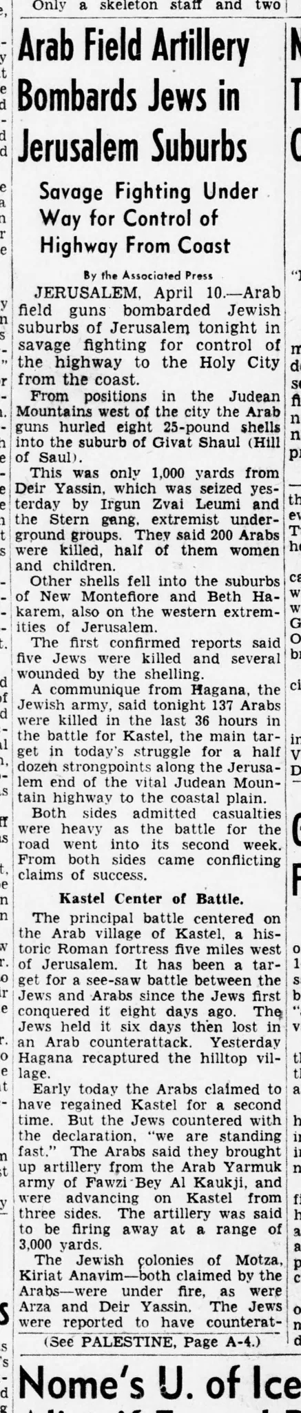 Arab Field Artillery Bombards Jews in Jerusalem Suburbs &mdash; Evening Star, 11 April 1948