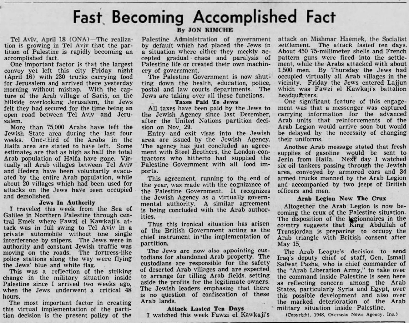 Partition of Palestine Fast Becoming Accomplished Fact &mdash; The Gazette and Daily, 10 April 1948