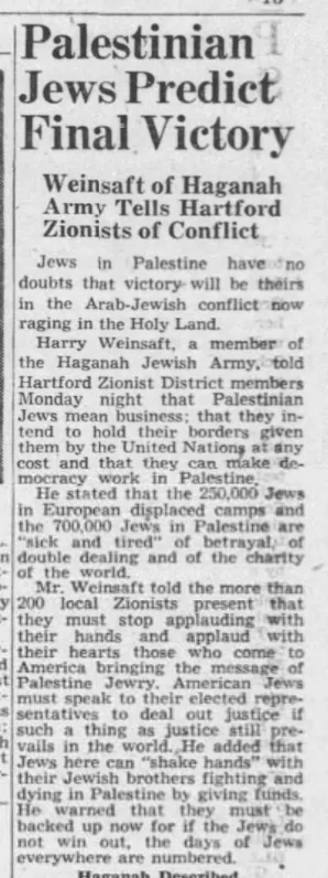 Palestinian Jews Predict Final Victory — Hartford Courant, 2 March 1948