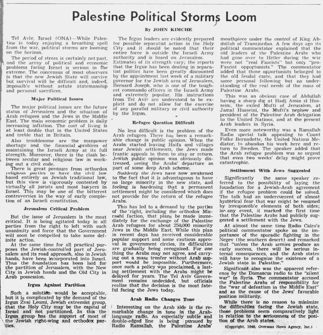 Palestine Political Storms Loom — Gazette and Daily, 11 August 1948