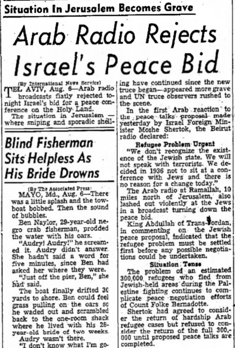 Arab Radio Rejects Israel’s Peace Bid — Lubbock Avalanche-Journal, 7 August 1948
