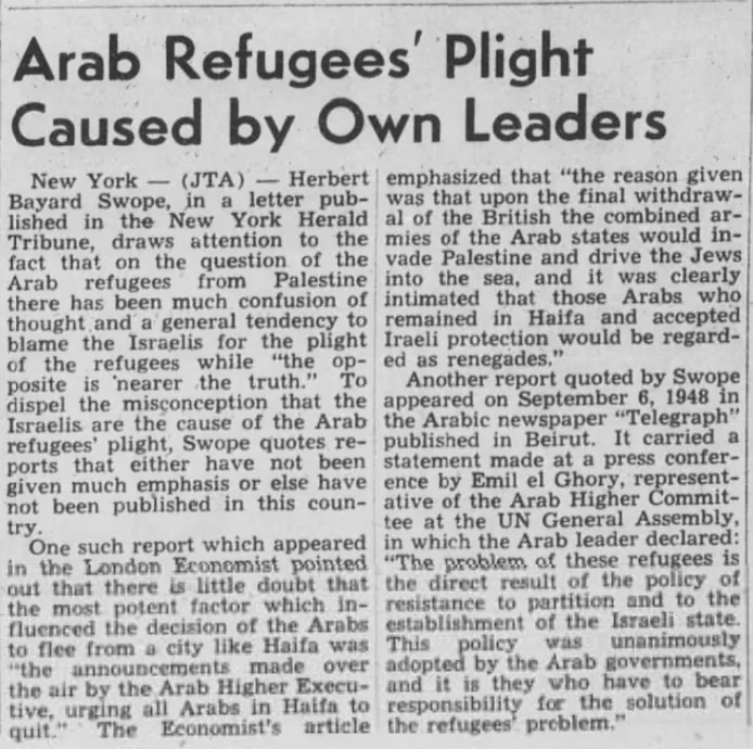 Arab Refugees’ Plight Caused by Own Leaders — Wisconsin Jewish Chronicle, 3 December 1948