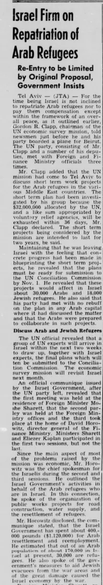 Israel Firm on Repatriation of Arab Refugees — Wisconsin Jewish Chronicle, 21 August 1949