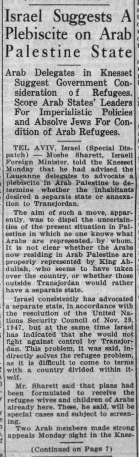 Israel Suggests A Plebiscite on Arab Palestine State — Buffalo Jewish Review, 24 June 1949
