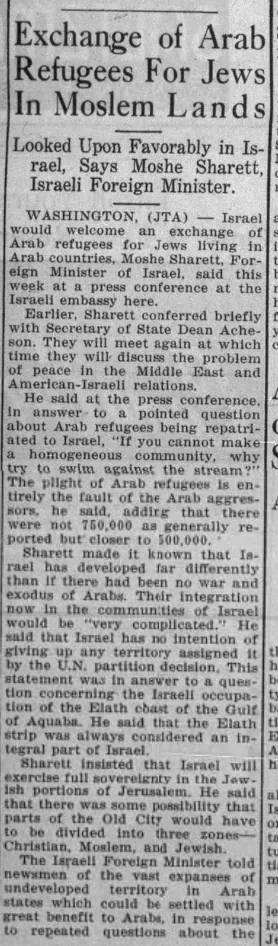 Exchange of Arab Refugees For Jews In Moslem Lands — Buffalo Jewish Review, 1 April 1949