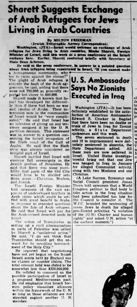 Sharett Suggests Exchange of Arab Refugees for Jews Living in Arab Countries — The Jewish Press, 25 March 1949