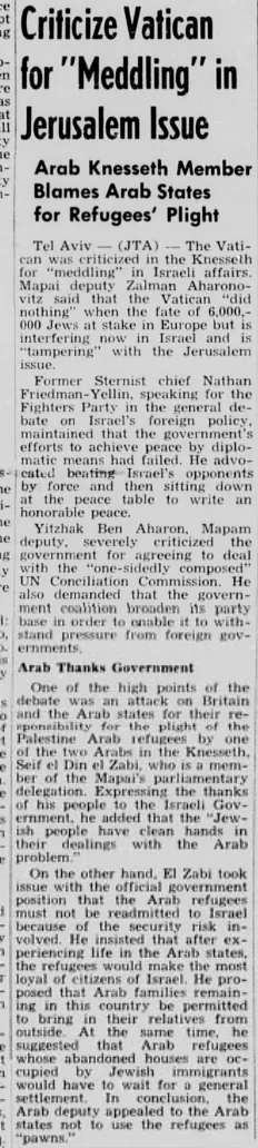 Criticize Vatican for “Meddling” in Jerusalem Issue — Wisconsin Jewish Chronicle, 14 June 1949