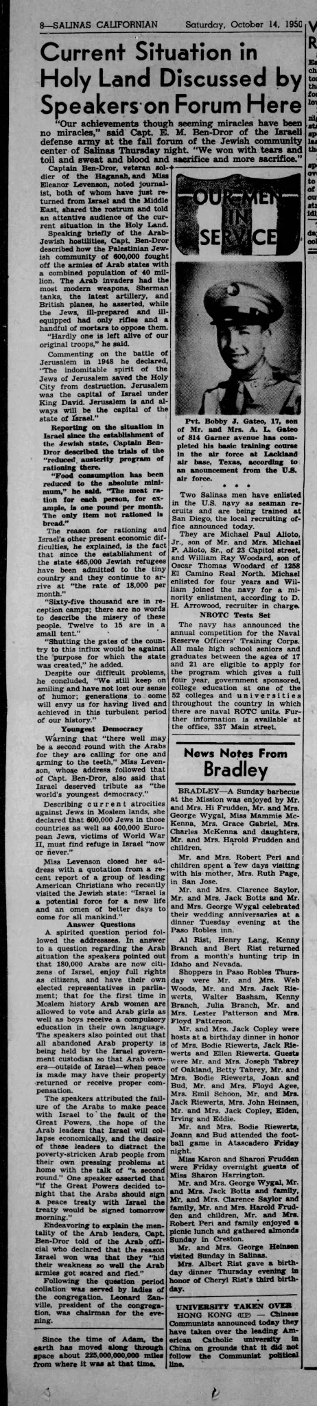 Current Situation in Israel Explained by Speakers on Forum Here &mdash; Salinas Californian, 14 October 1950