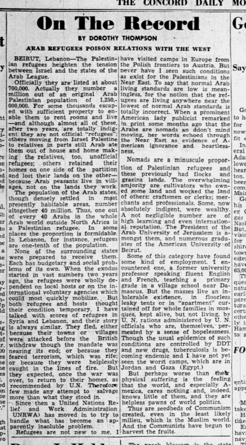 Arab Refugees Poison Relations With the West &mdash; Concord Monitor, 15 December 1950