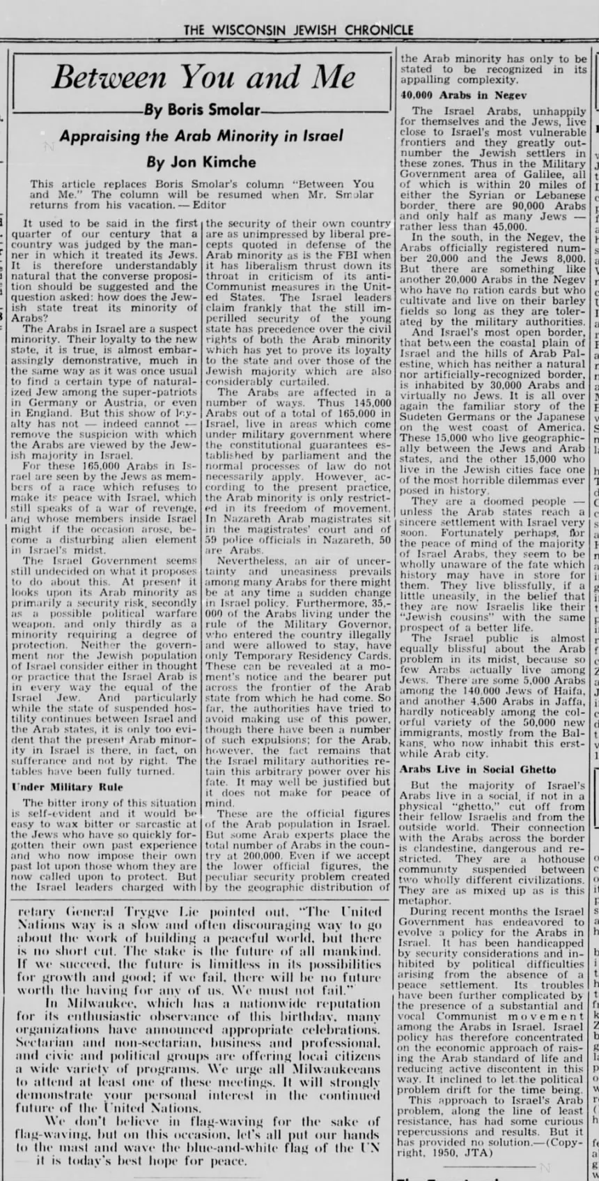 Appraising the Arab Minority in Israel — Wisconsin Jewish Chronicle, 20 October 1950