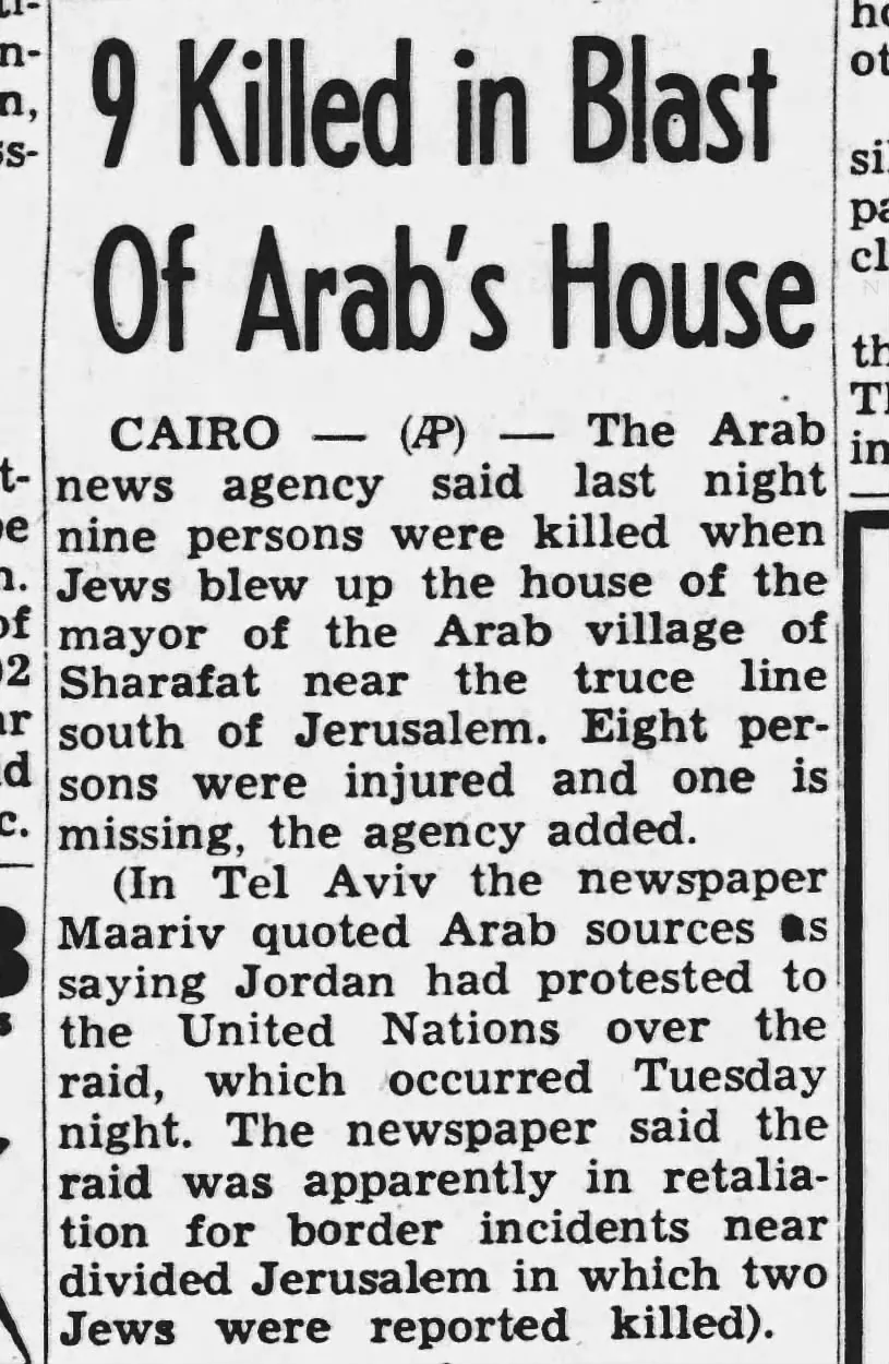 9 Killed in Blast Of Arab's House &mdash; Duluth News-Tribune, 8 February 1951