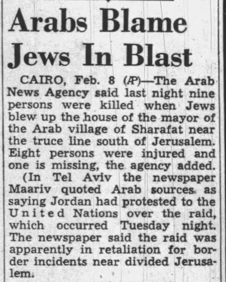 Arabs Blame Jews In Blast &mdash; Knoxville Journal, 9 February 1951