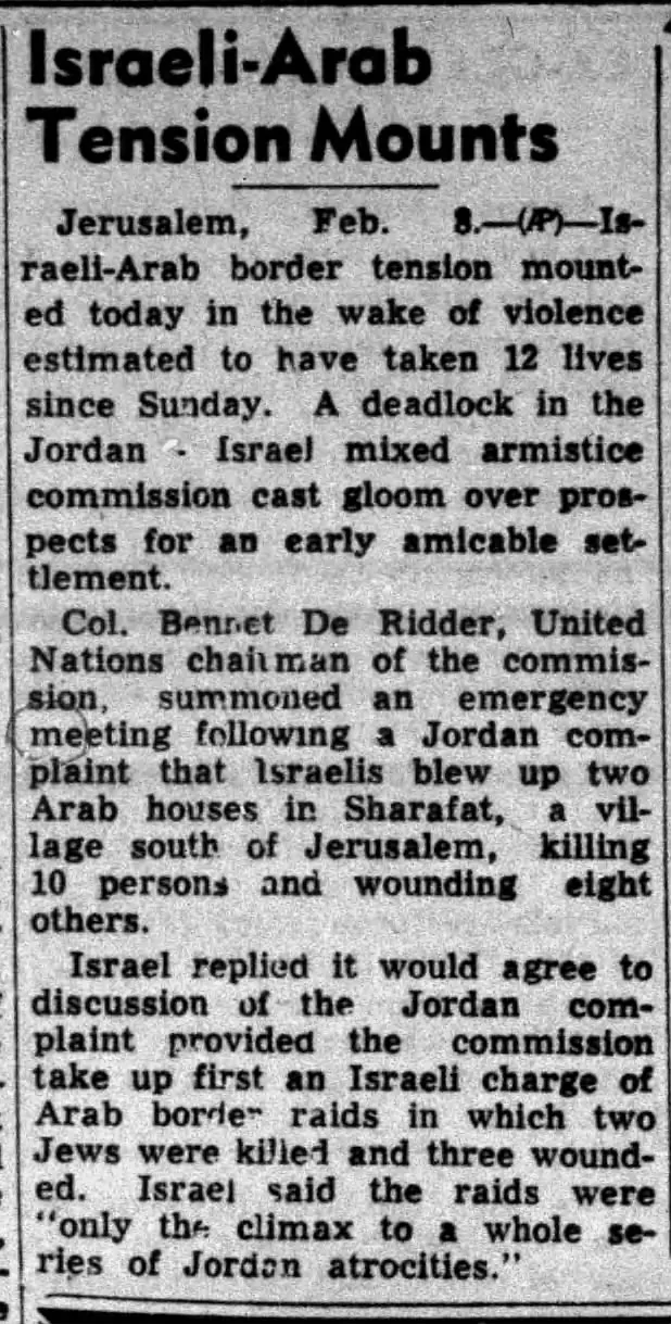 Israeli-Arab Tension Mounts &mdash; Morning World, 9 February 1951