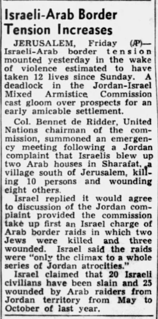 Israeli-Arab Border Tension Increases &mdash; Worcester Telegram, 9 February 1951