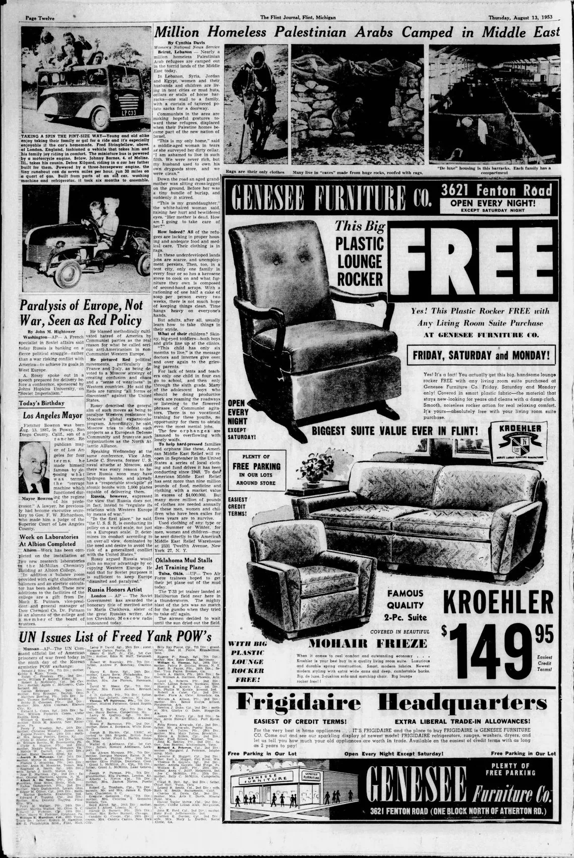 Million Homeless Palestinian Arabs Camped in Middle East — The Flint Journal, 13 August 1953