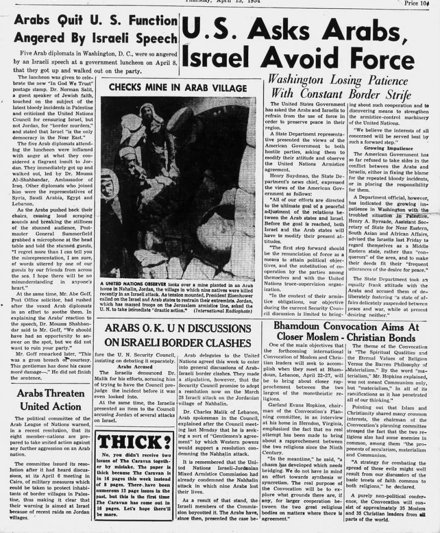 Arabs Quit U.S. Function Angered By Israeli Speech &mdash; Caravan, 15 April 1954