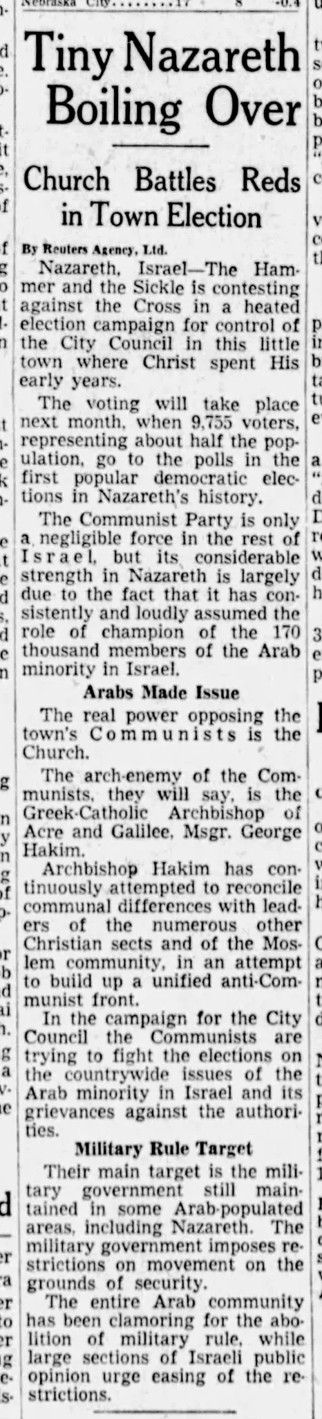 Tiny Nazareth Boiling Over — Evening World Herald, 22 February 1954