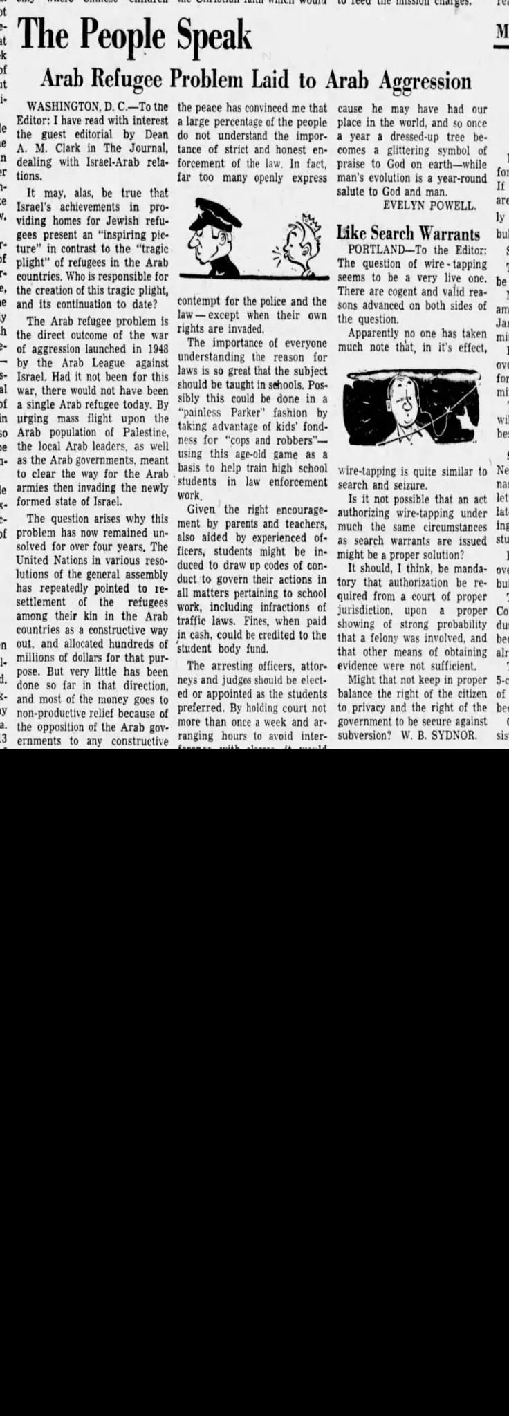 Arab Refugee Problem Laid to Arab Aggression &mdash; Oregon Daily Journal, 3 January 1954