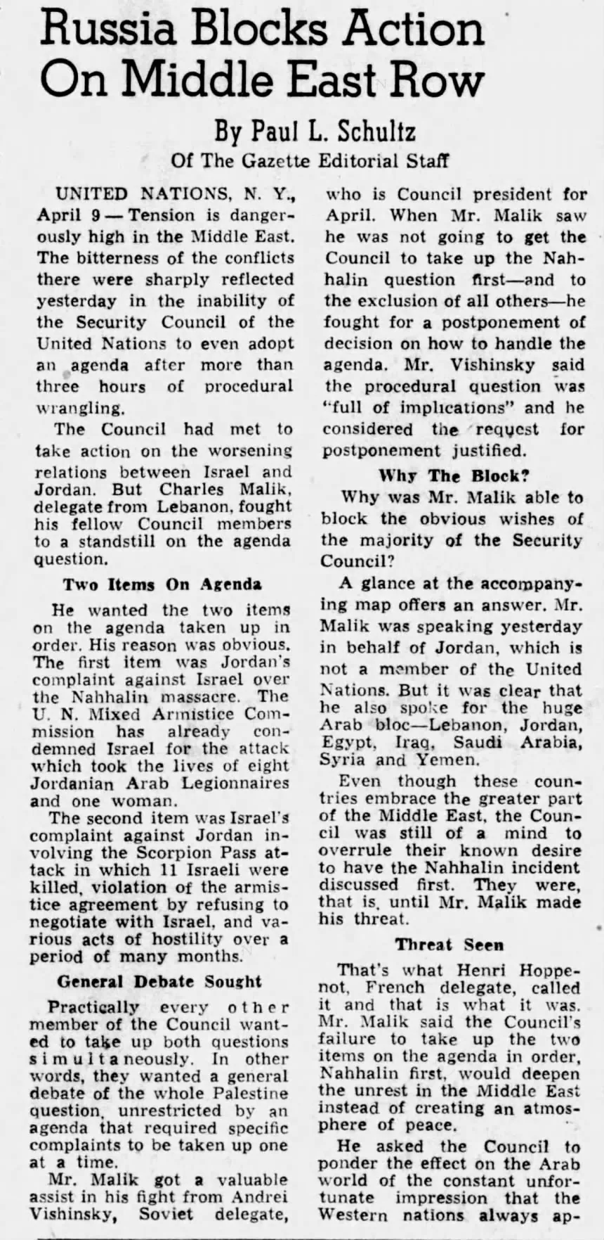 Russia Blocks Action On Middle East Row — Telegram & Gazette, 9 April 1954