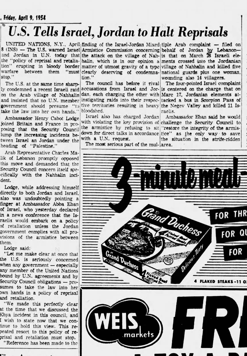 U.S. Warns Israel and Jordan in U.N. &mdash; The Patriot-News, 9 April 1954
