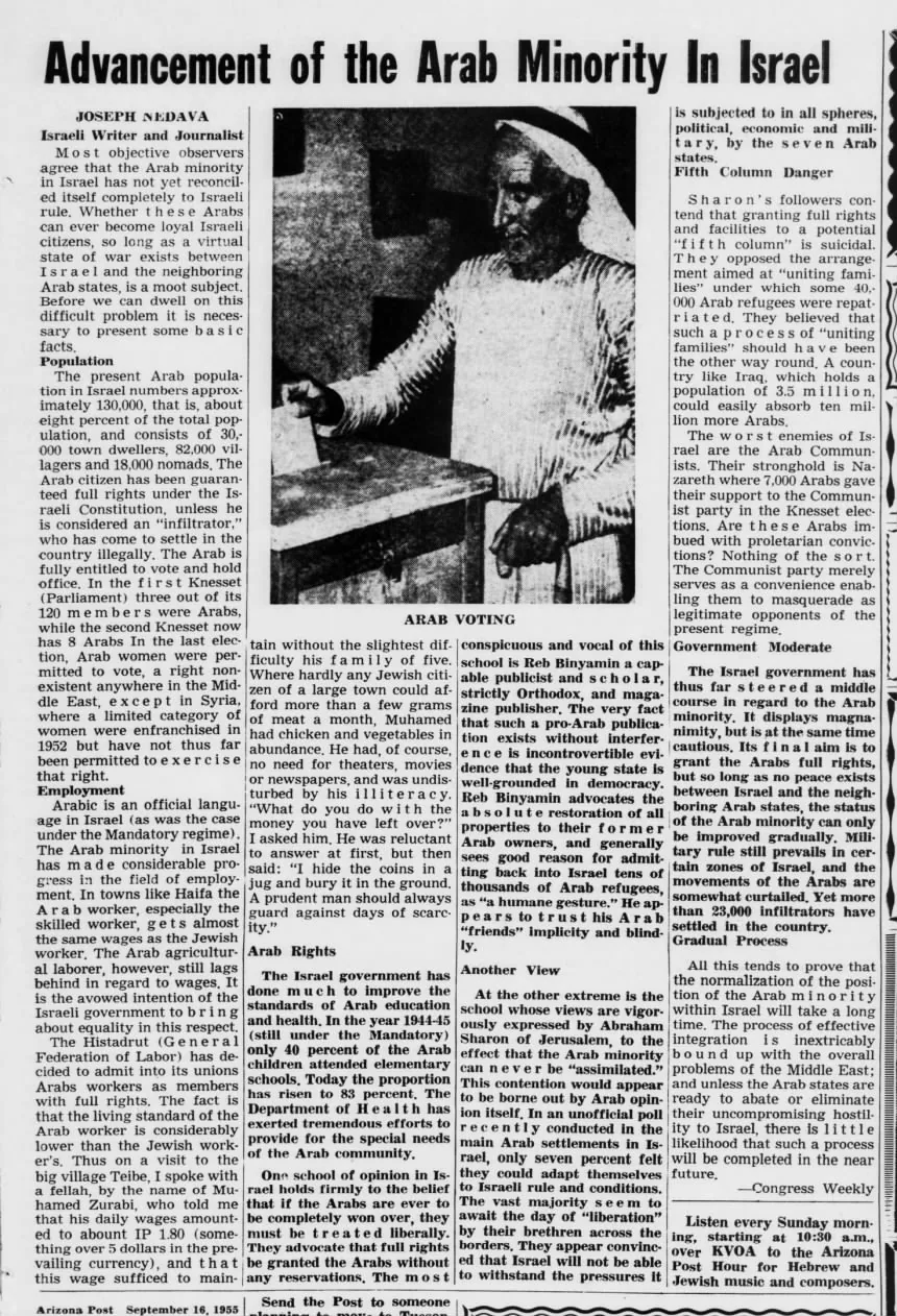 Advancement of the Arab Minority In Israel &mdash; Arizona Post, 16 September 1955