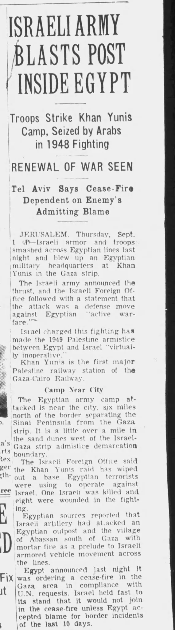 Israeli Army Blasts Post Inside Egypt — Chattanooga Daily Times, 1 September 1955