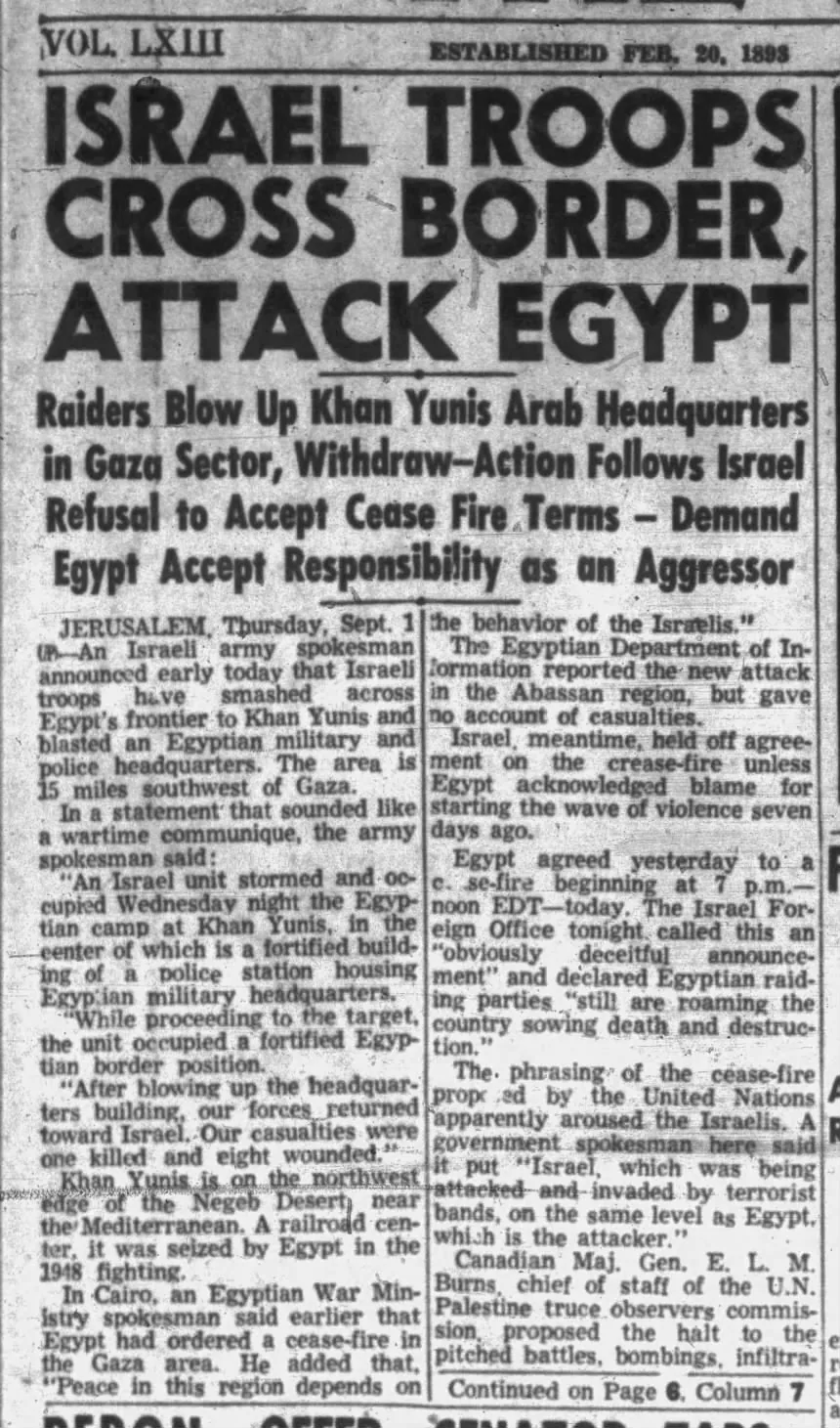 Israel Troops Cross Border, Attack Egypt — Lewiston Daily Sun, 1 September 1955