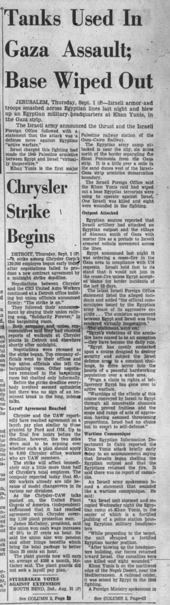 Tanks Used In Gaza Assault; Base Wiped Out — Paducah Sun, 1 September 1955