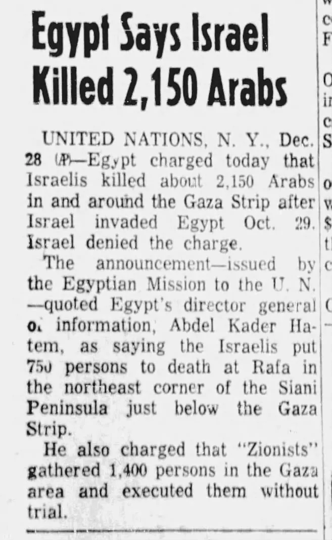 Egypt Says Israel Killed 2,150 Arabs &mdash; Abilene Reporter News, 29 December 1956