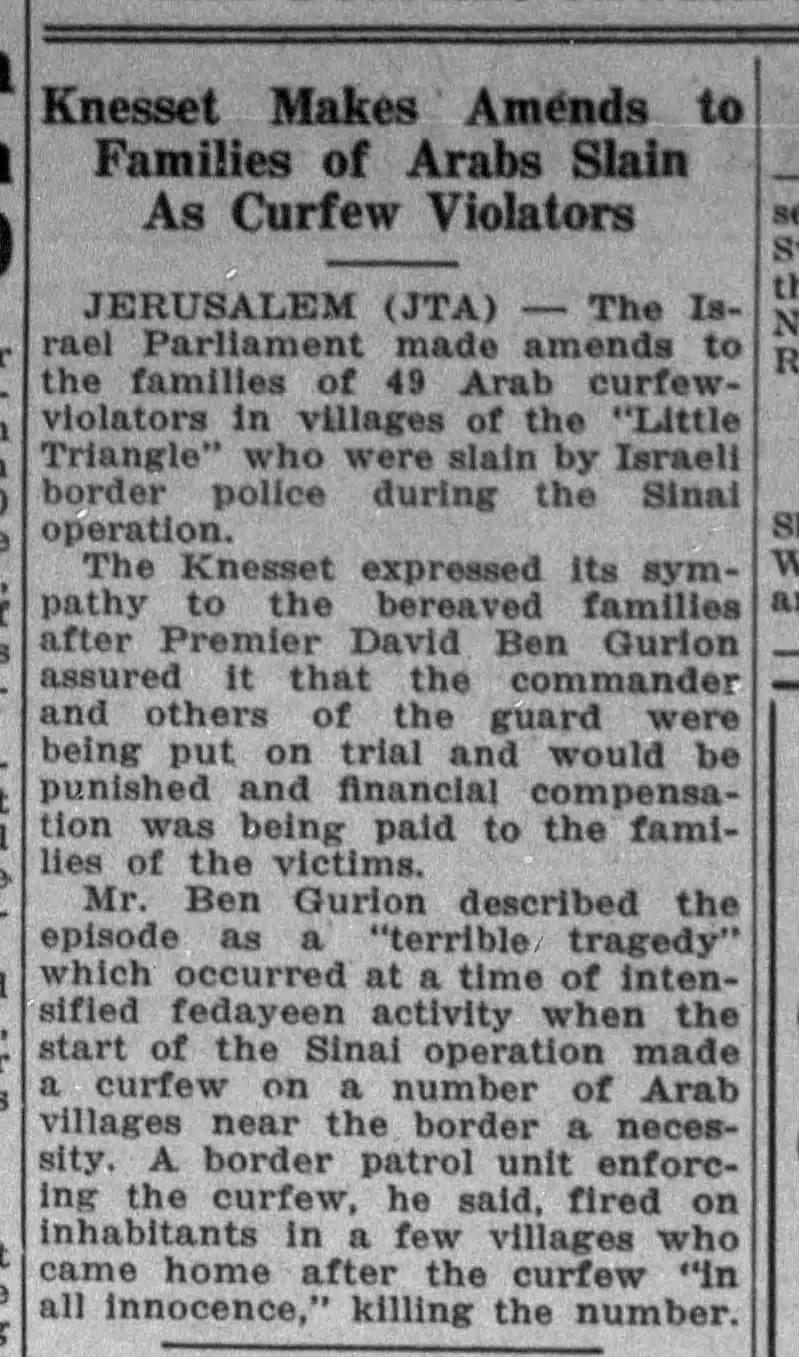 Knesset Makes Amends to Families of Arabs Slain As Curfew Violators &mdash; Buffalo Jewish Review, 21 December 1956
