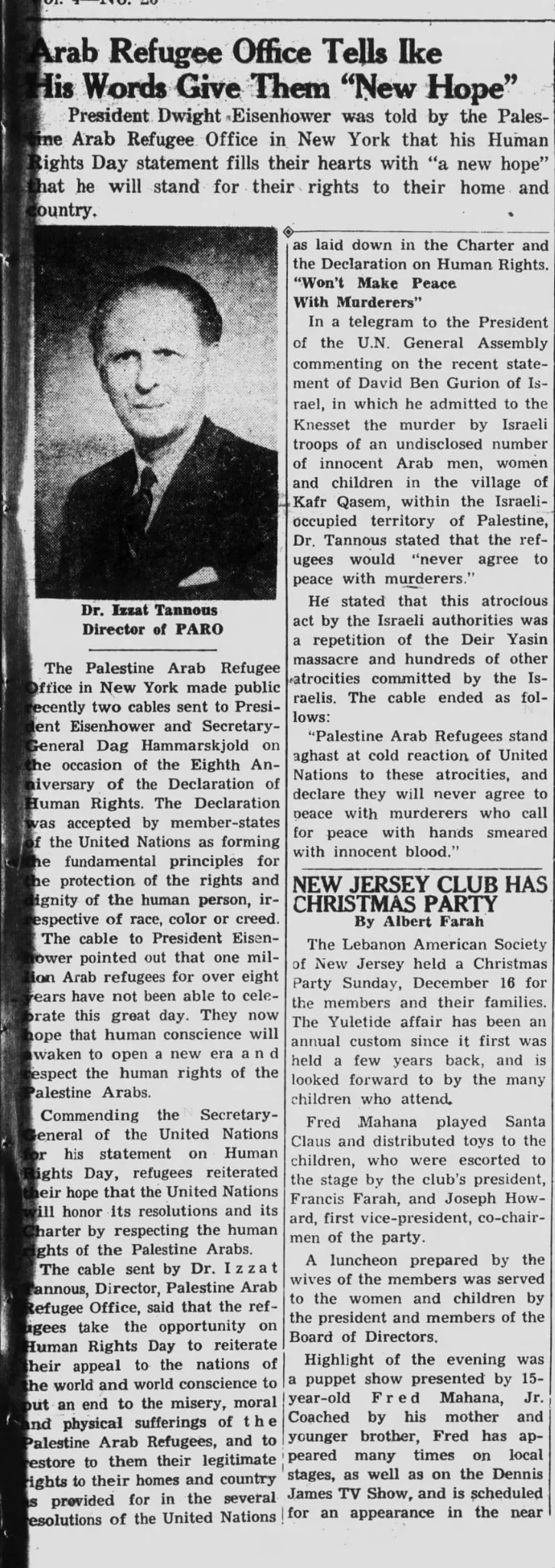 Arab Refugee Office Tells Ike His Words Give Them ‘New Hope’ &mdash; Caravan, 27 December 1956