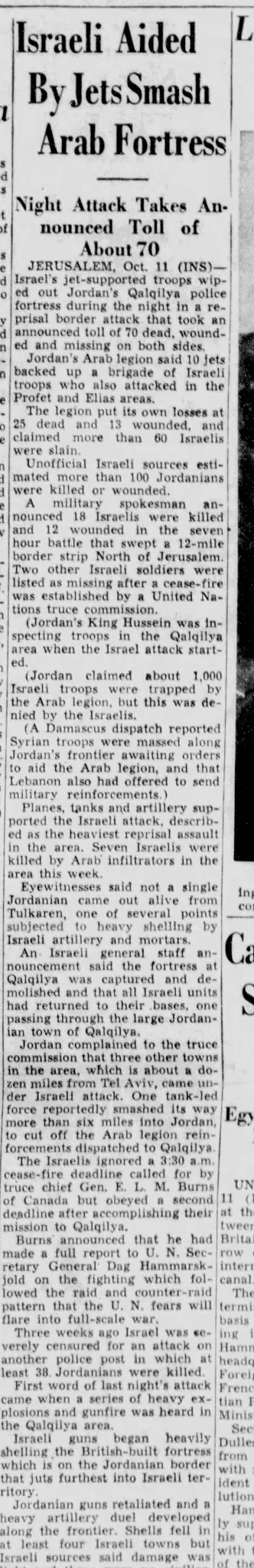 Israeli Jets Aided Night Attack on Arab Fortress &mdash; Columbia Daily Tribune, 11 October 1956