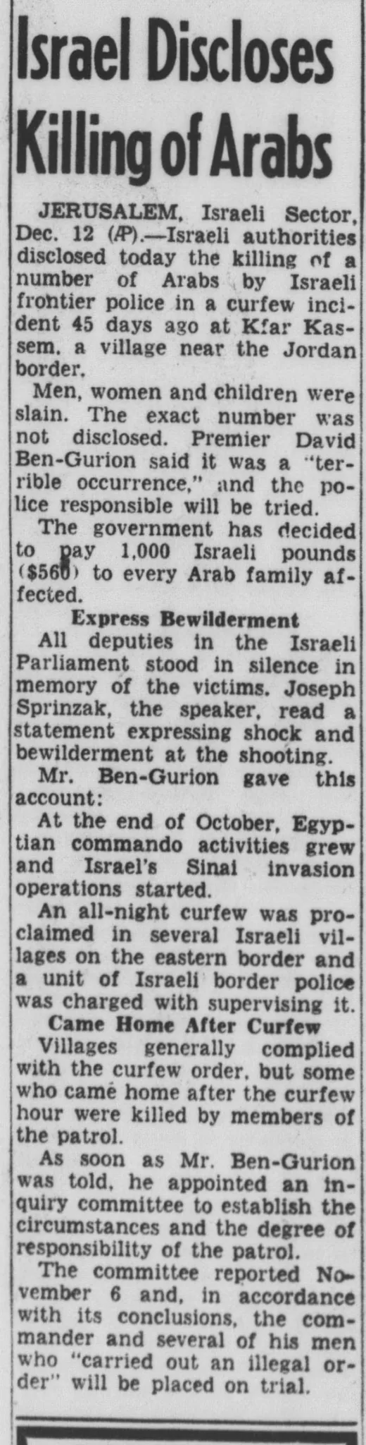 Israel Discloses Killing of Arabs &mdash; Evening Star, 12 December 1956