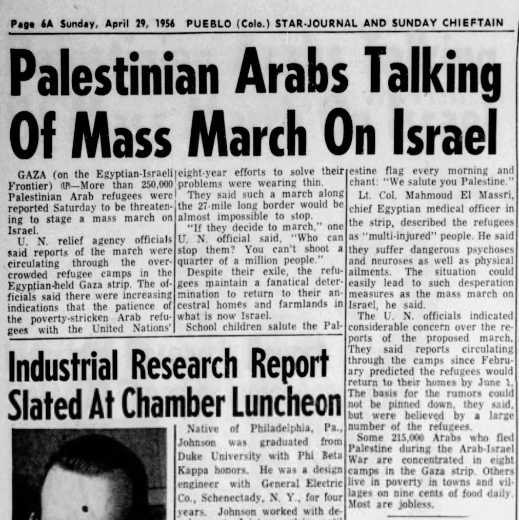 Palestinian Arabs Talking Of Mass March On Israel — Pueblo Star-Journal and Sunday Chieftain, 29 April 1956