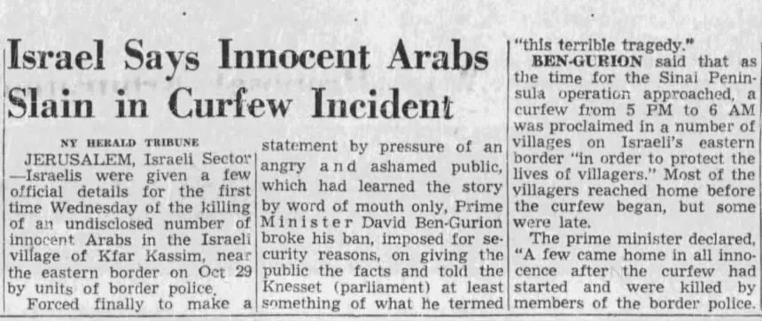 Israel Says Innocent Arabs Slain in Curfew Incident &mdash; Houston Post, 13 December 1956