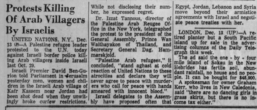 Protests Killing Of Arab Villagers By Israelis &mdash; Morning Advocate, 14 December 1956