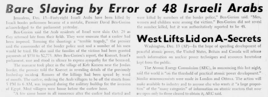 Bare Slaying by Error of 48 Israeli Arabs &mdash; Newsday, 13 December 1956