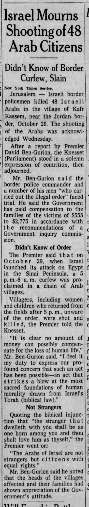 Israel Mourns Shooting of 48 Arab Citizens &mdash; Omaha World Herald, 13 December 1956